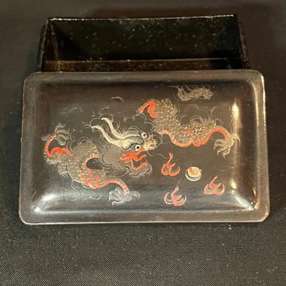 Vintage Japanese Lacquer Dragon Trinket Box | Black & Red Hand Painted Box